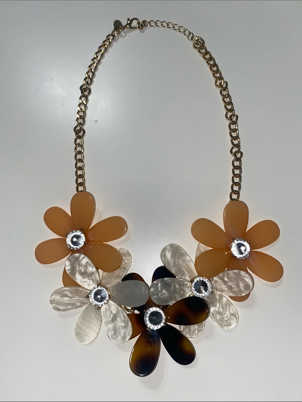 Gold-Tone Floral Statement Necklace in Amber and Pearl